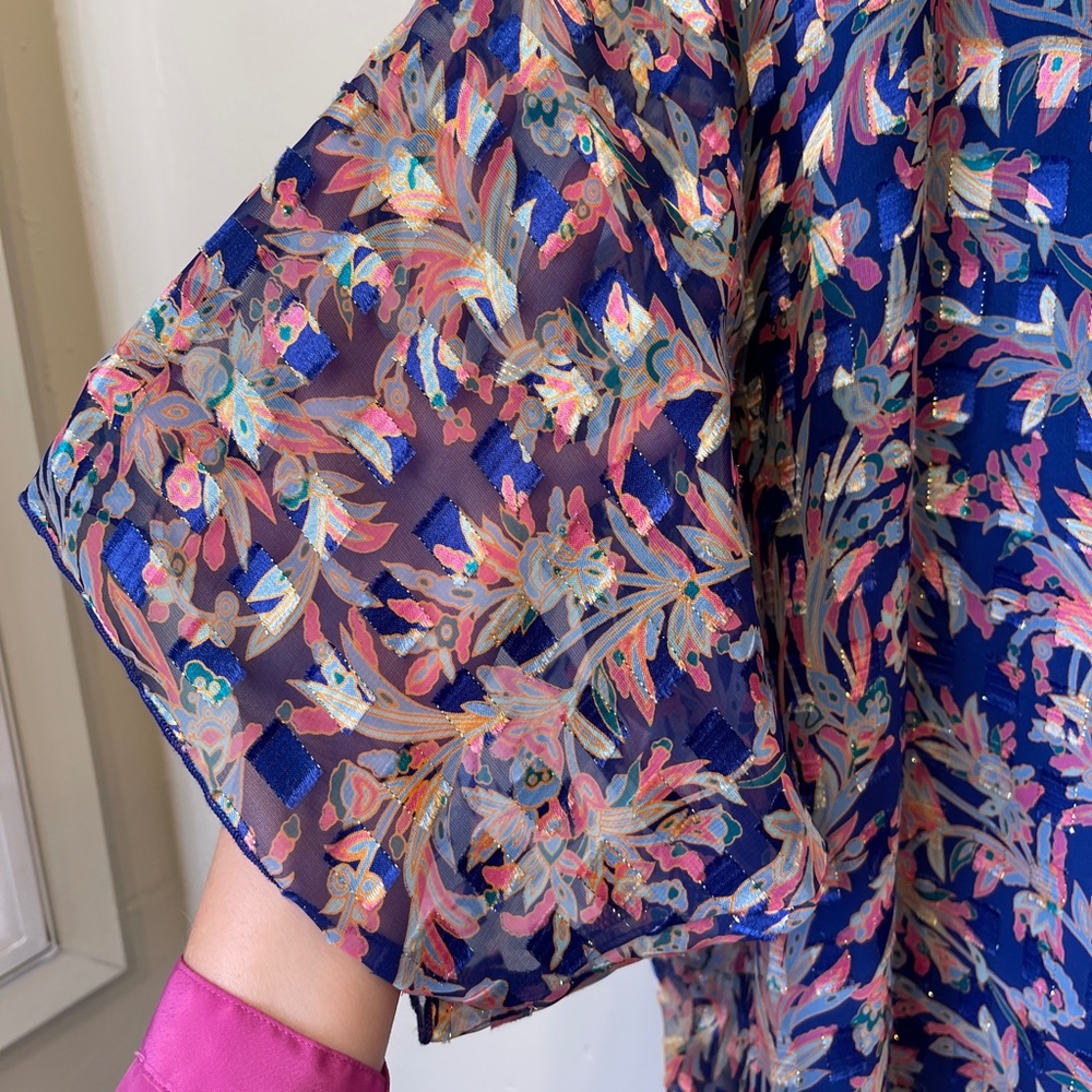 Sia Sia NY VTG Mesh Overlay Check Print Metallic Threading Side Tie Knot Blouse - Picture 8 of 17